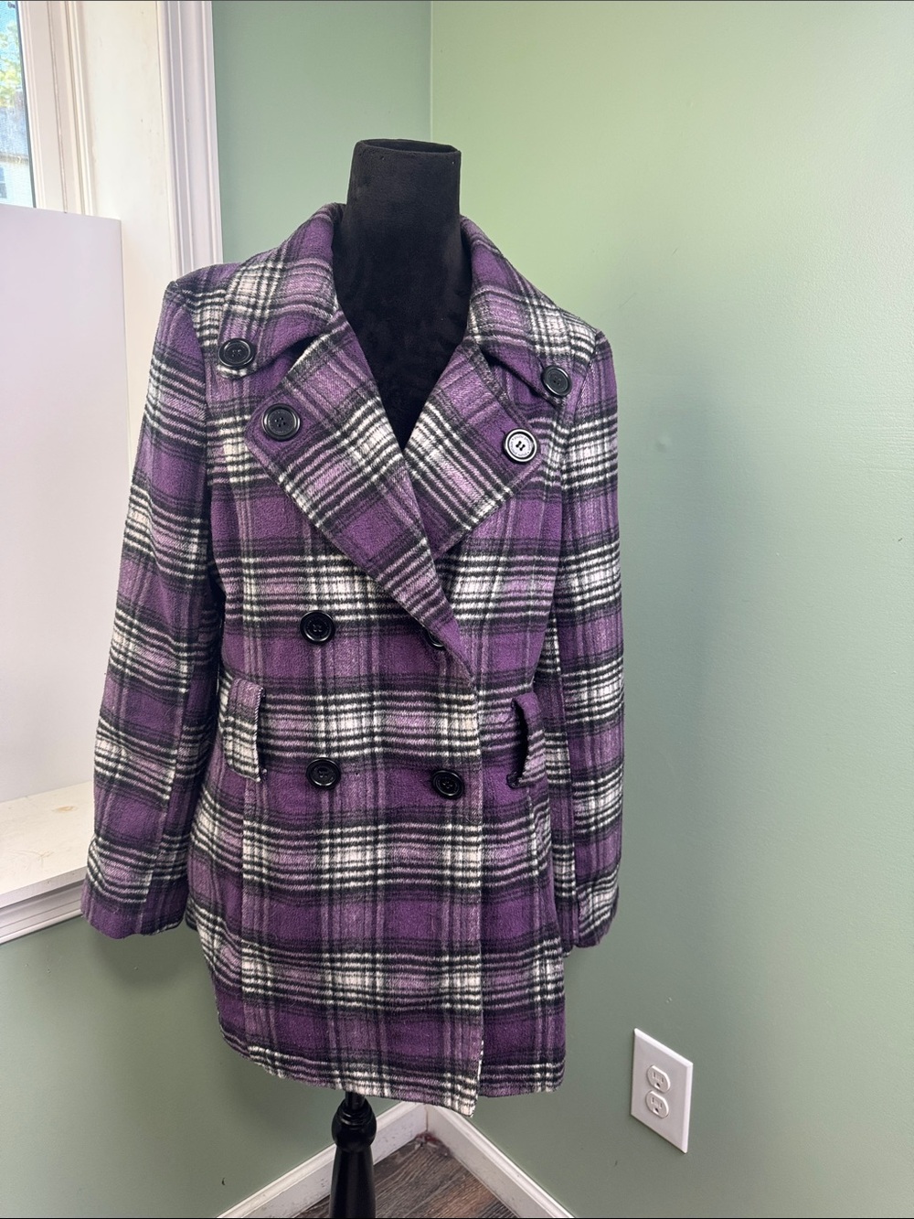 Jou Jou Purple Plaid Double-Breasted Pea Coat large